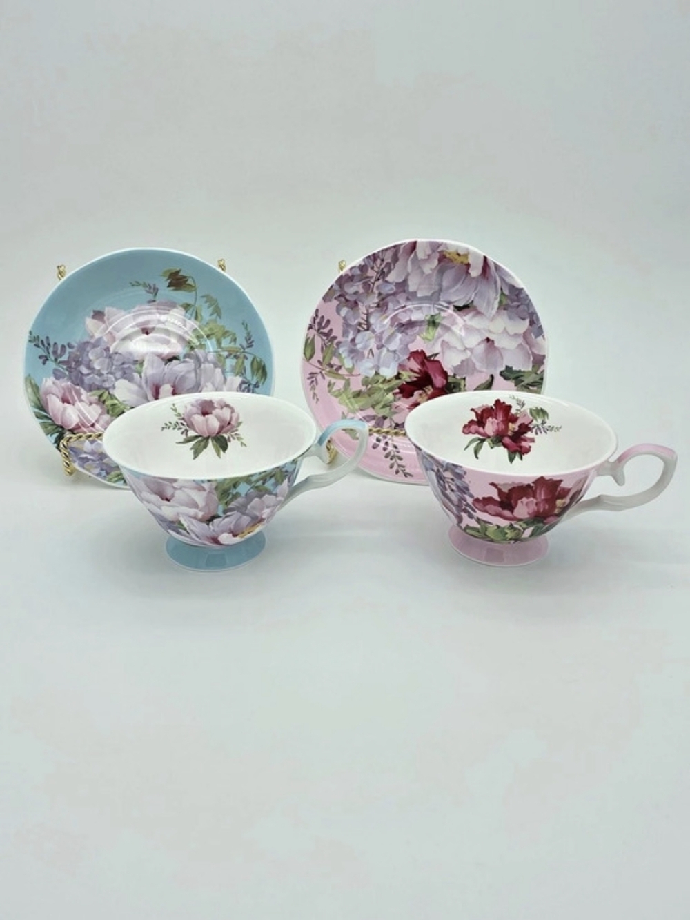 Stechcol Gracie Bone China Peony Floral Teacup Saucer Set 2